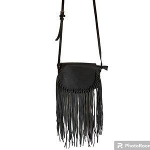 Cross body mini fringe purse, pebbled grey